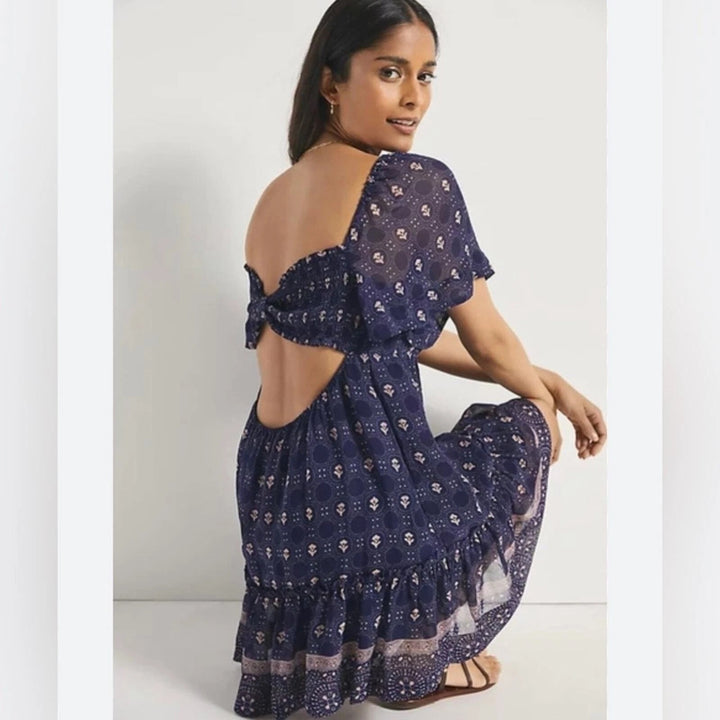 Anthropologie Maeve Flutter Sleeve Shirred Open Back Mini Dress