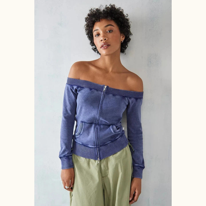 BDG Urban Outfitter Daria Off-Shoulder Zip-Up Sweatshirt Top