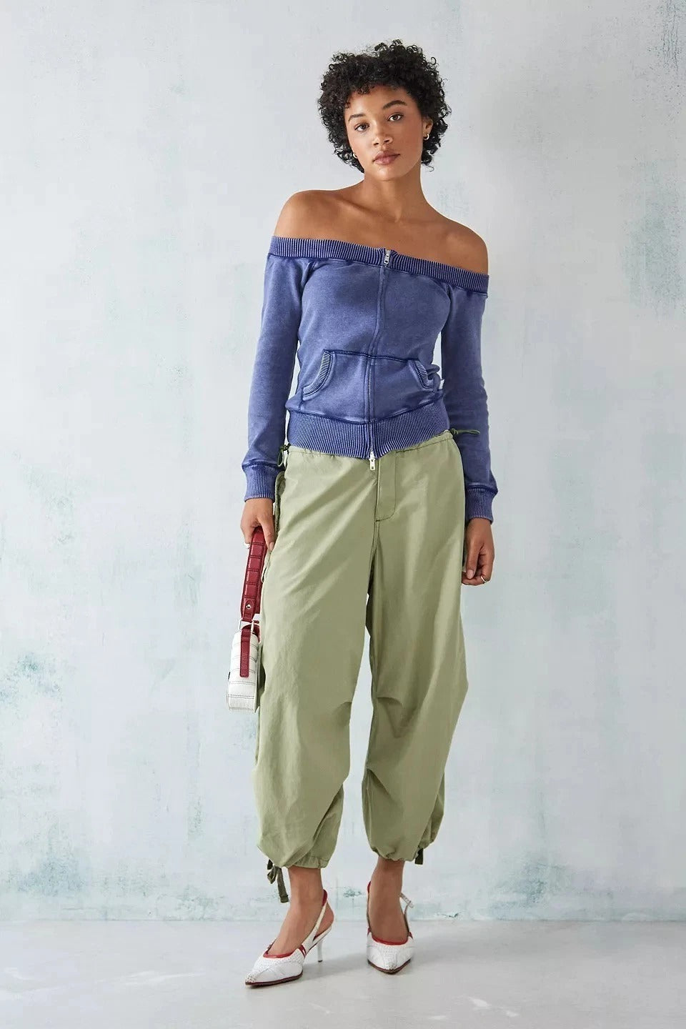 BDG Urban Outfitter Daria Off-Shoulder Zip-Up Sweatshirt Top