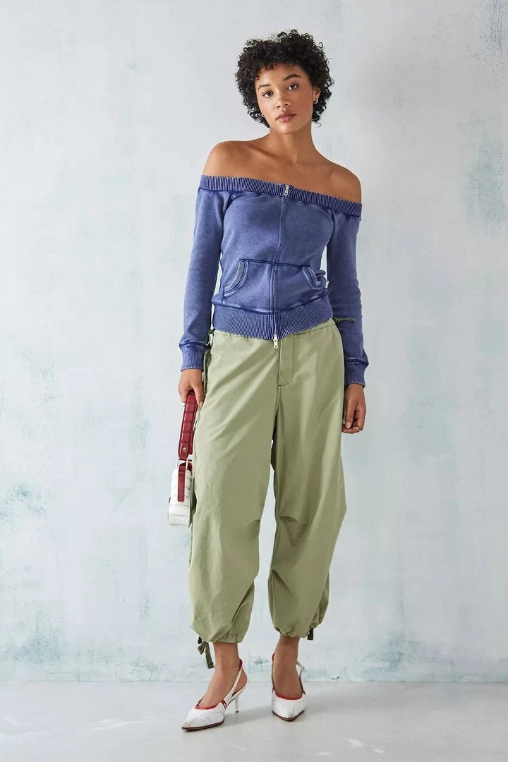 BDG Urban Outfitter Daria Off-Shoulder Zip-Up Sweatshirt Top