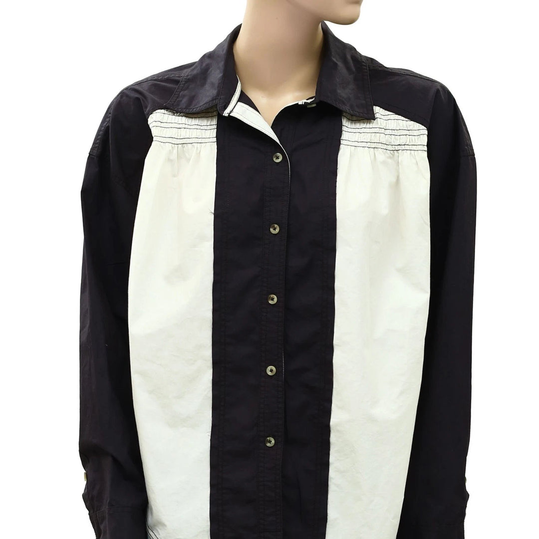 Free People We The Free Colorblock Smocked Buttondown Shirt Top