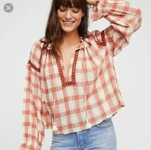WC-37 267426 Free People Honey Grove Plaid Blouse Shirt Top Cotton Cutout Lace XS New