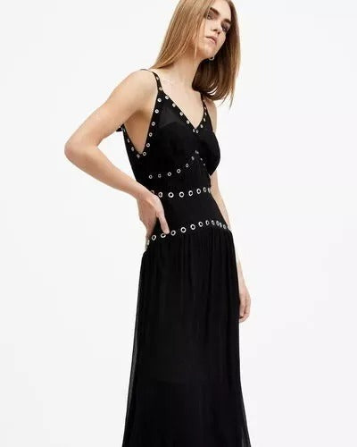 AllSaints Zita V-Neck Eyelet Trim Midi Dress