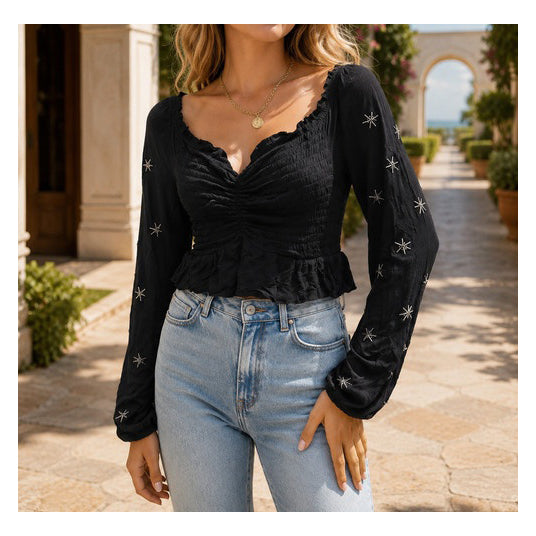 Urban Outfitters UO Jessa Embellished Peplum Cropped Blouse Top