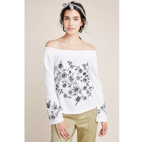 By Anthropologie Annie Embroidered Off-The-Shoulder Blouse Top