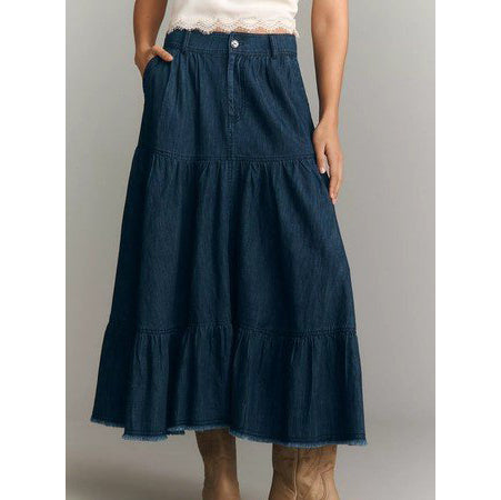 Anthropologie Pilcro Cotton Denim Tiered Midi Skirt