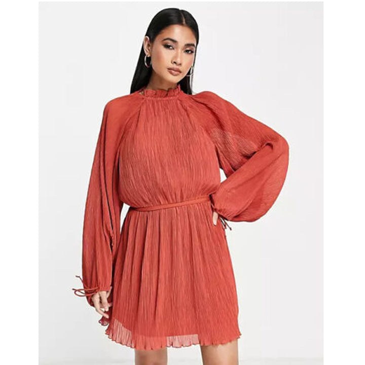 ASOS DESIGN High Neck Plisse Flare Mini Dress