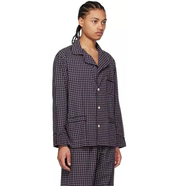 Bode Women's Navy Grid Pyjama Shirt Top