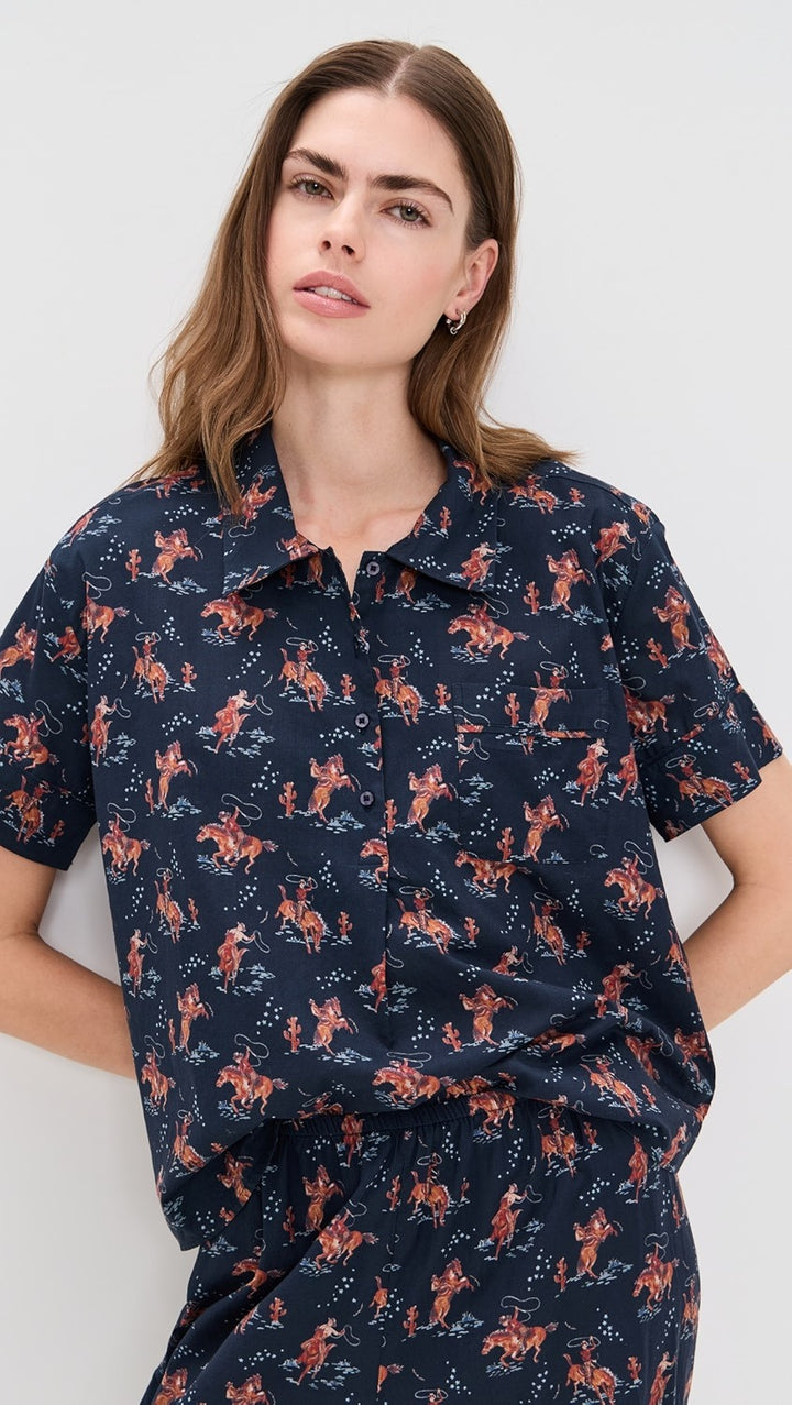 THE GREAT. The Short Sleeve Horse print Tunic Shirt Top