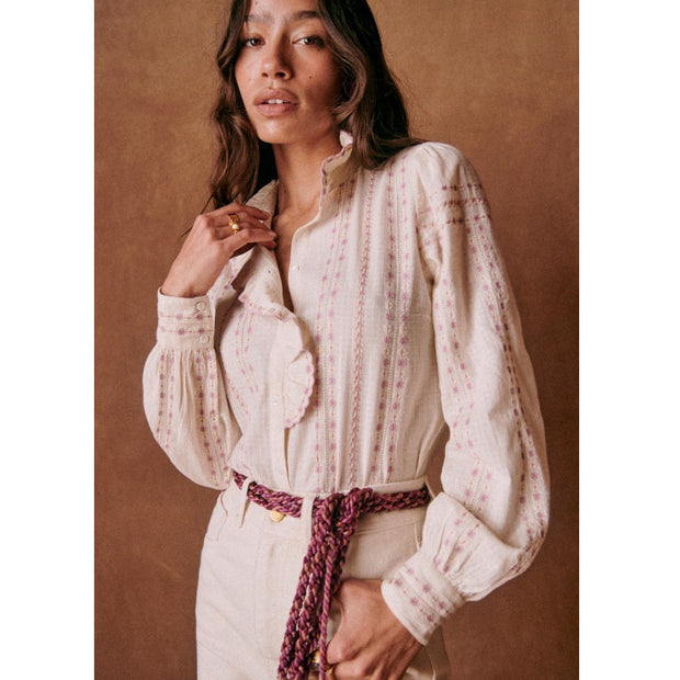 Sezane Chlo Buttondown Shirt Embroidered Ruffle Blouse Top