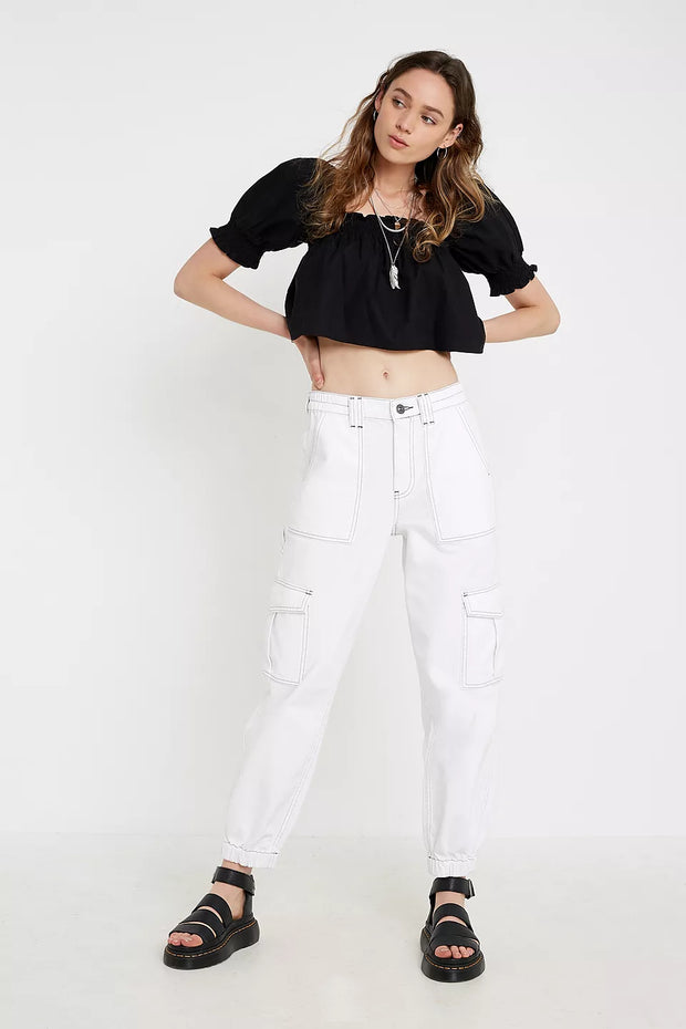 Urban Outfitters UO Lola Poplin Puff Sleeve Blouse Cropped Top