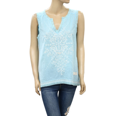 Odd molly Anthropologie Embroidered Lace Blue Tank Top