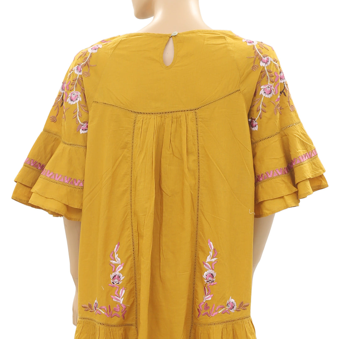 New Free People Pavlo Babydoll Embroidered Mustard Bohemian Mini Dress M