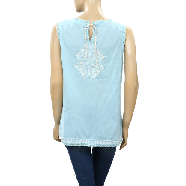 Odd molly Anthropologie Embroidered Lace Blue Tank Top