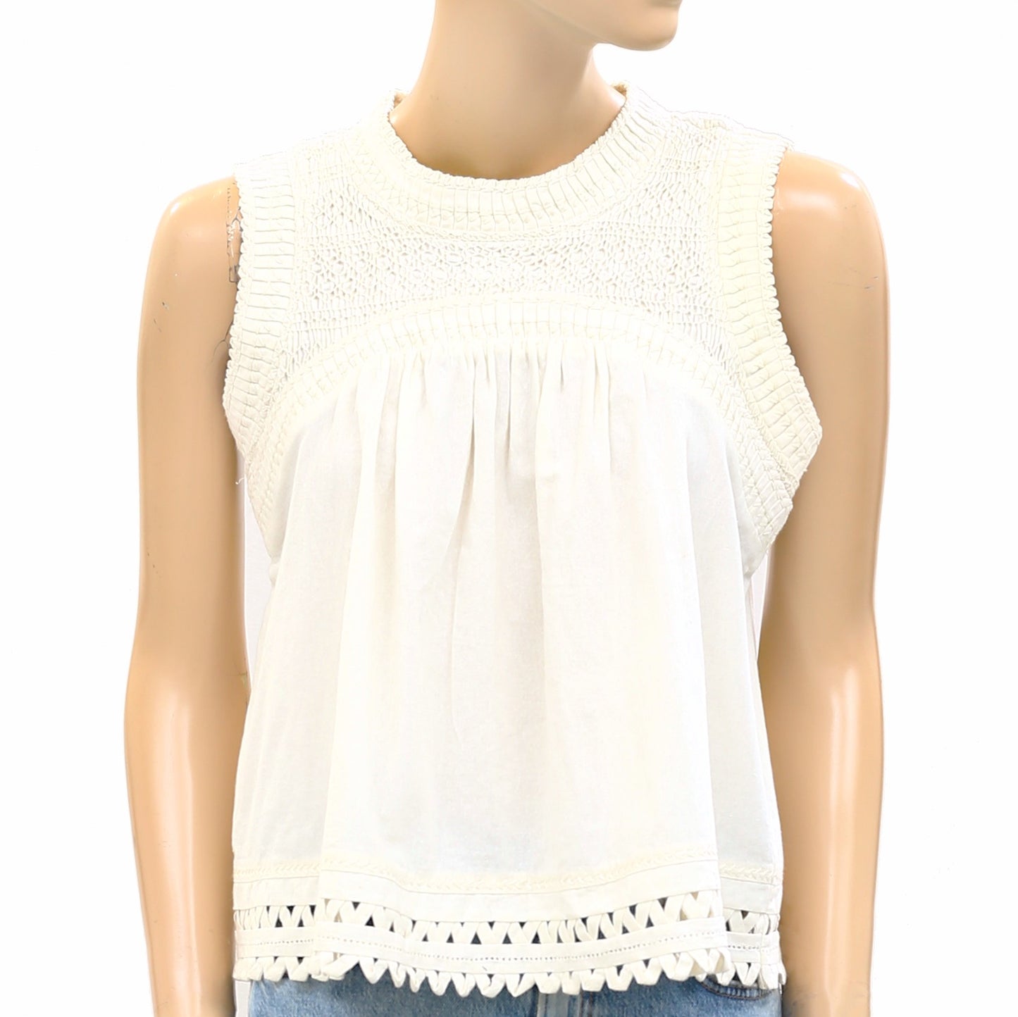 $365 Sea New York Willa Smocked Ric Rac Trimmed Cotton Blouse Top
