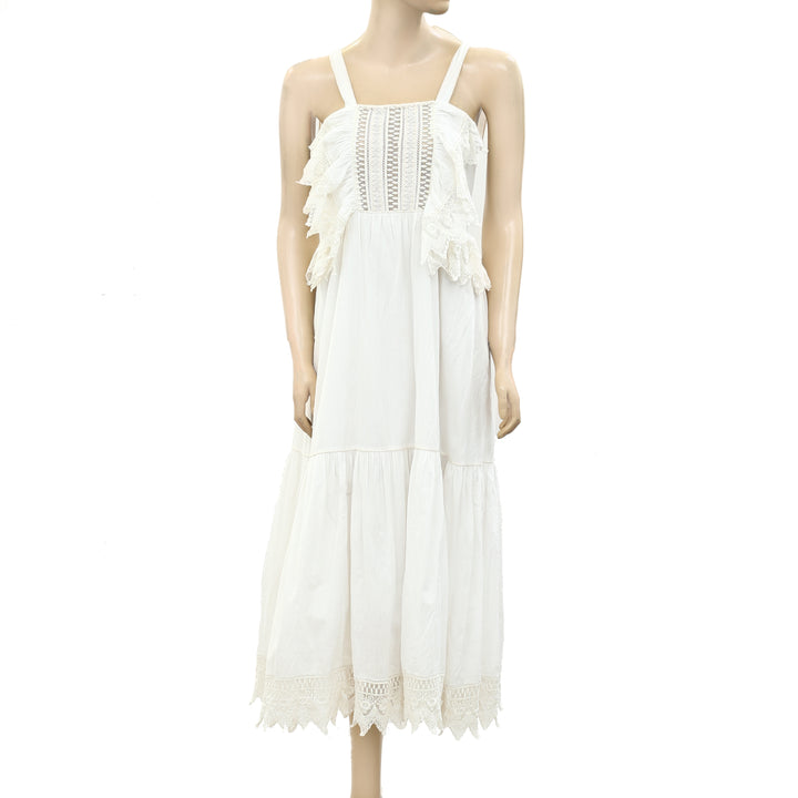 Ulla Johnson Ruffle Floral Embroidered Ivory Midi Dress