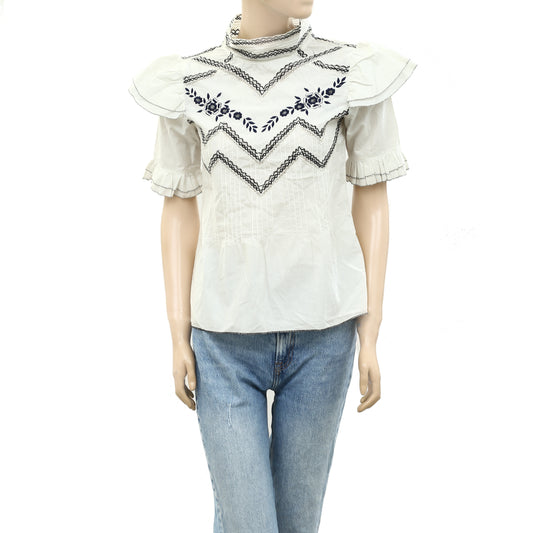 Sezane Floral Embroidered Ivory Blouse Top