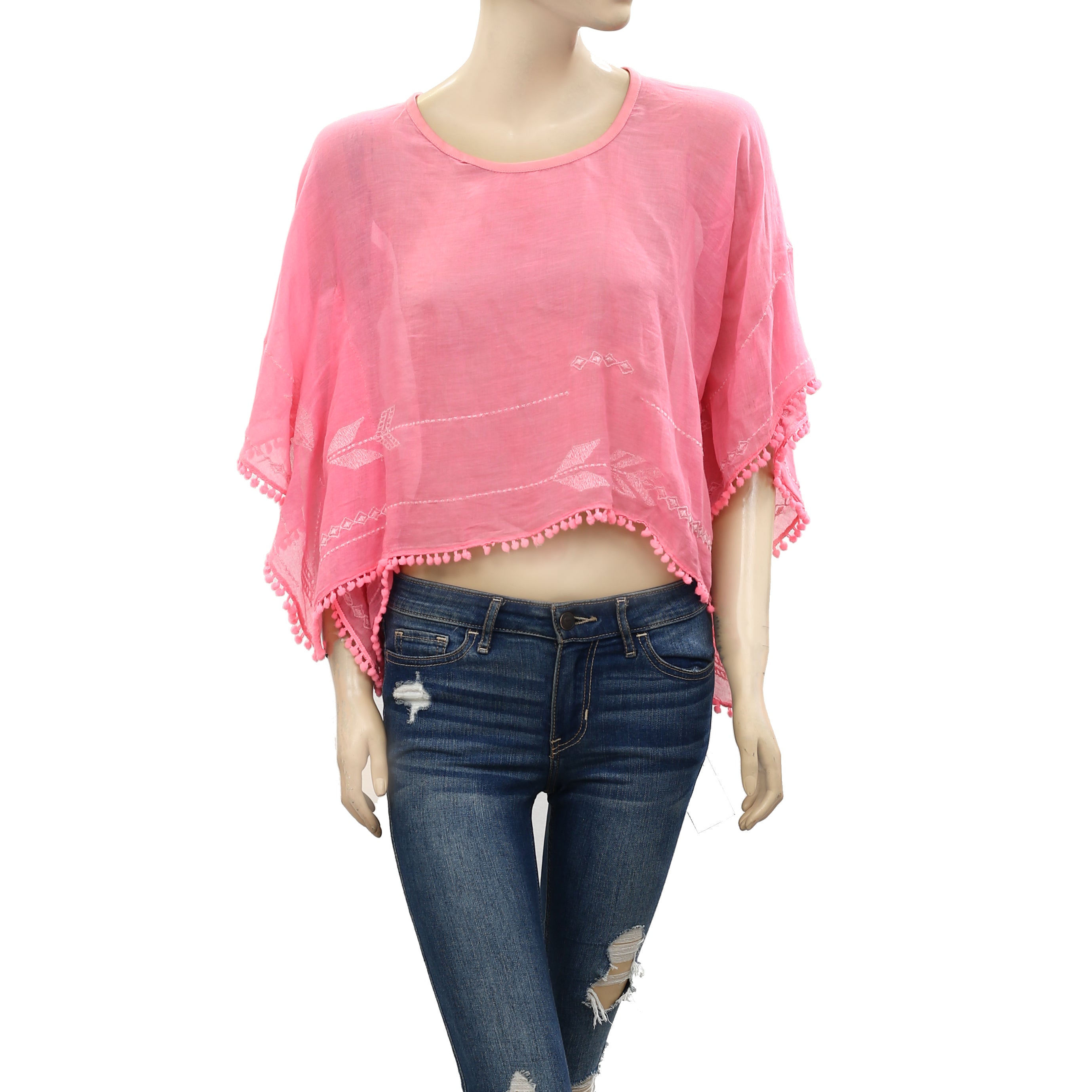 American Eagle Outfitters Embroidered Pink Crop Top S – White