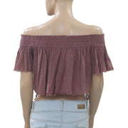 Free People Tropic Babe Smocked Off Shoulder Brown Cropped Top
