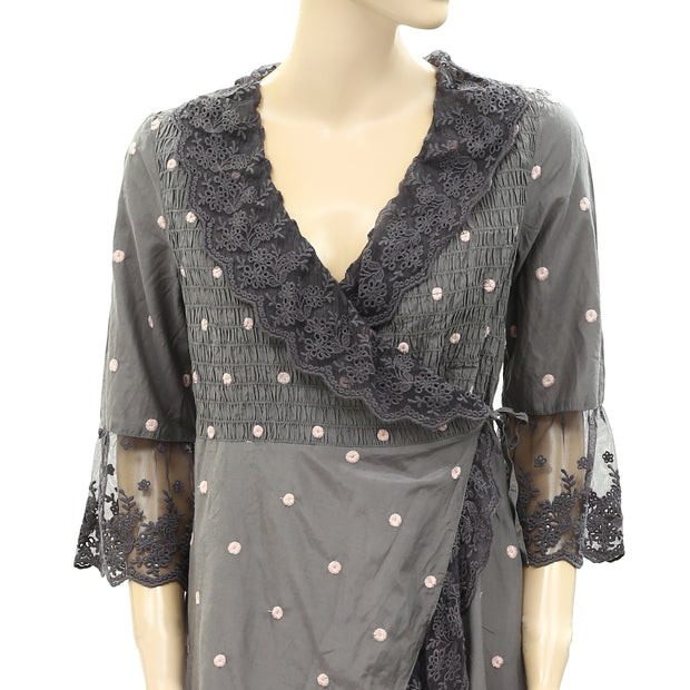 Odd Molly Anthropologie Floral Embroidered Lace Wrap Mini Dress