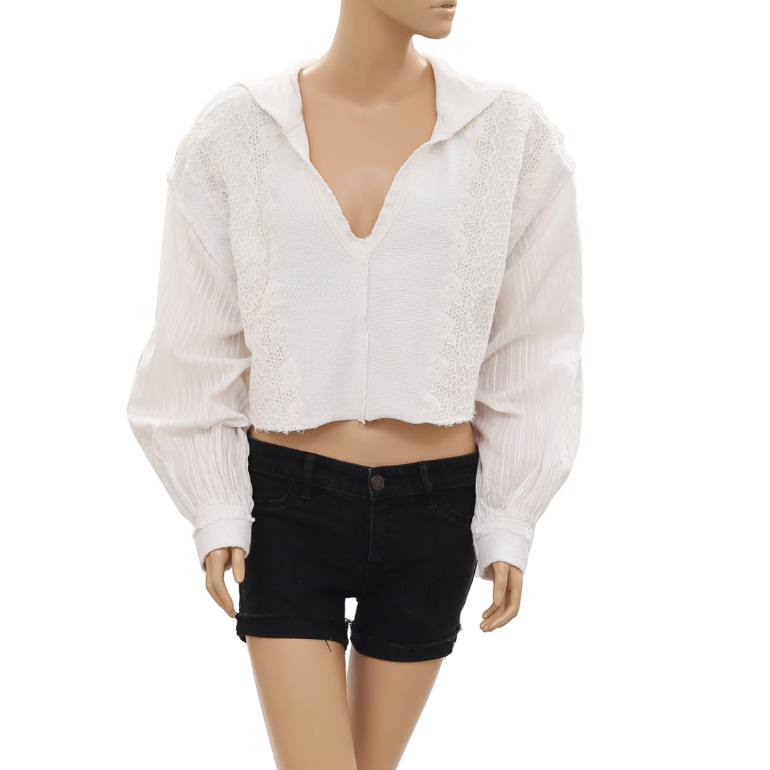 Free People Lacey Pullover Crochet White Hoodie Sweatshirt Crop Top M