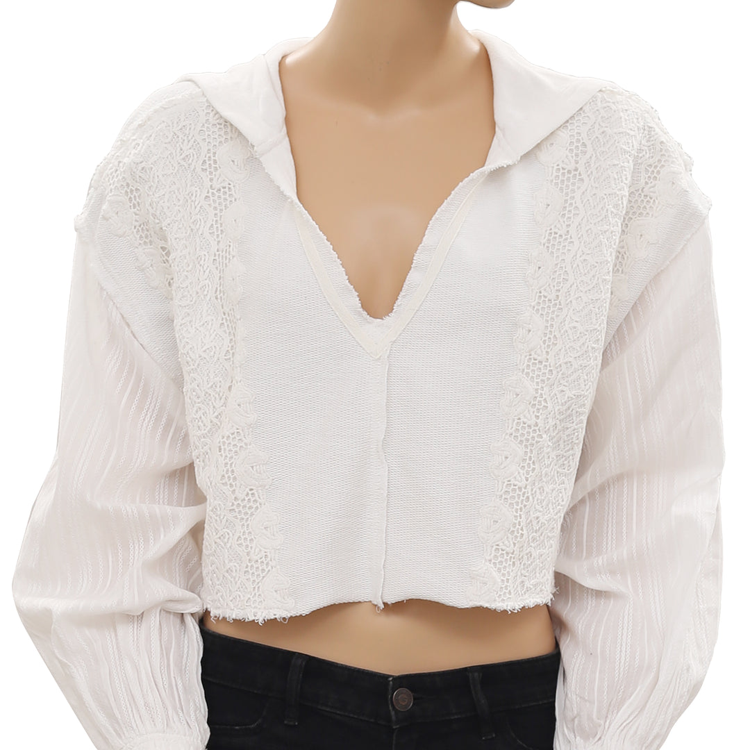 Free People Lacey Pullover Crochet White Hoodie Sweatshirt Crop Top M