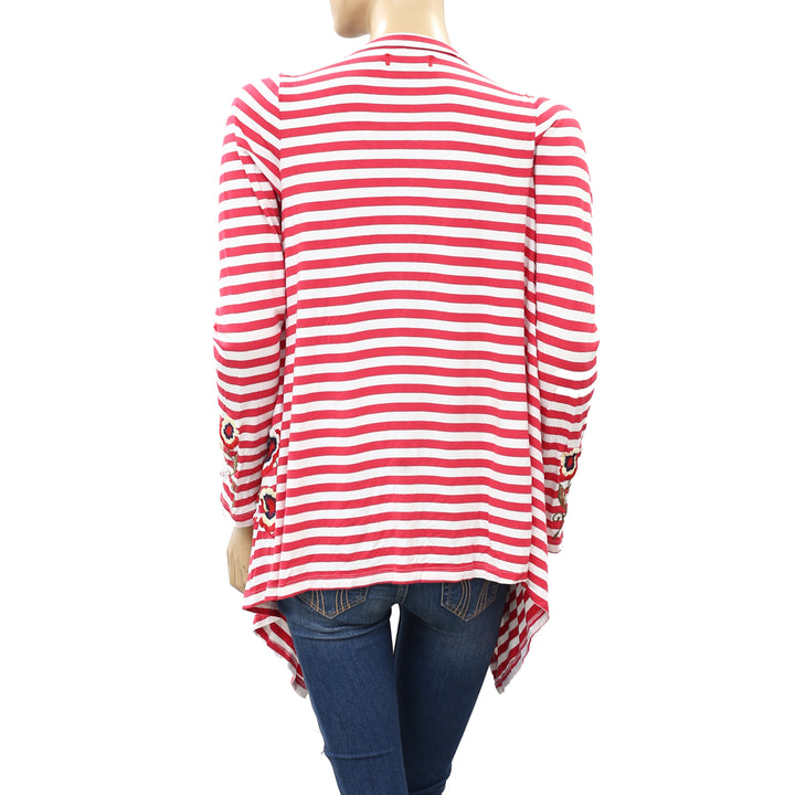 Caite Anthropologie 条纹花卉刺绣罩衫上衣 S