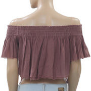 Free People Tropic Babe Smocked Off Shoulder Brown Cropped Top
