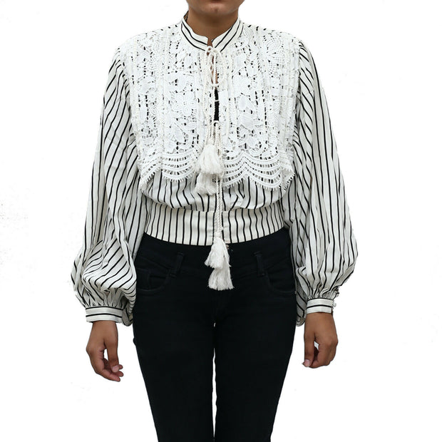 Uterque Striped Lace Shirt Blouse Top