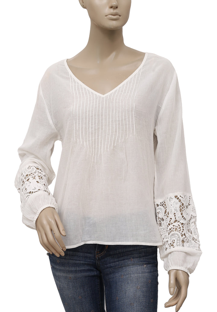 Free People Crochet Lace Pintuck Long Sleeve Casual White Tunic Top