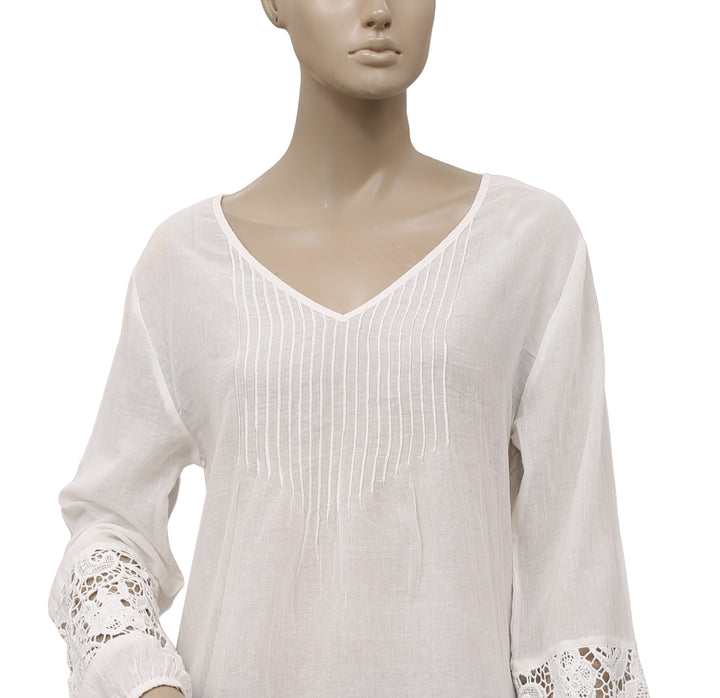 Free People Crochet Lace Pintuck Long Sleeve Casual White Tunic Top