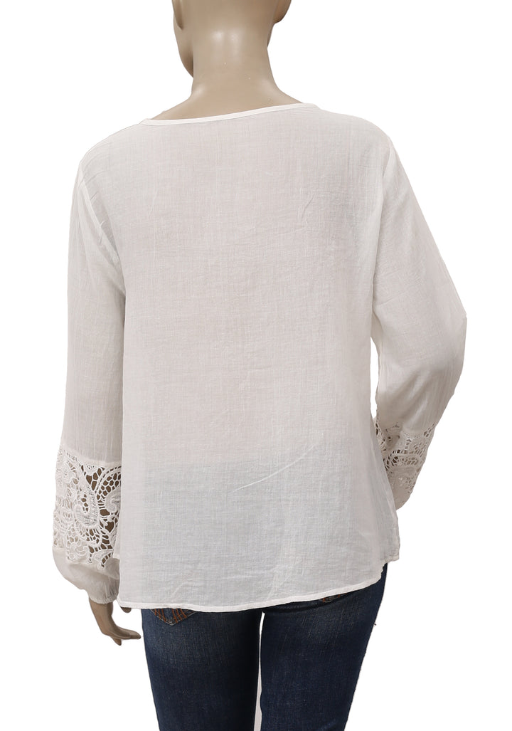 Free People Crochet Lace Pintuck Long Sleeve Casual White Tunic Top