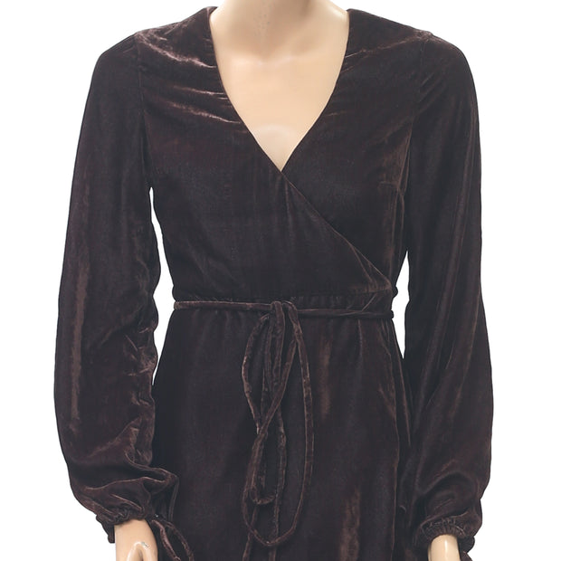 Topshop Solid Velvet Brown Wrap Mini Dress