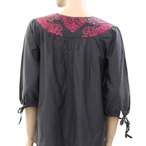 Odd Molly Anthropologie Embroidered Tunic Top Gray