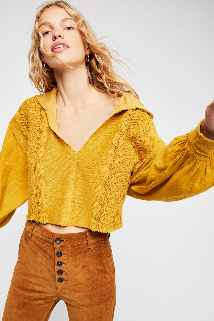 New Free People Lacey Pullover Crochet Lace Yellow Hoodie Crop Top S