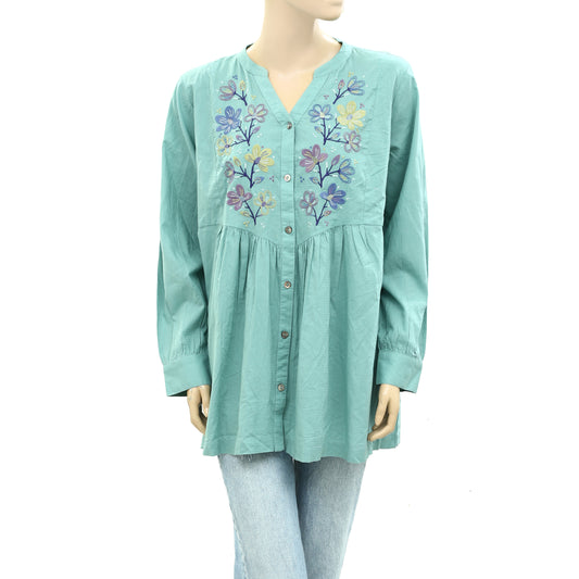 Zara Trafaluc Buttondown Floral Embroidered Tunic Top