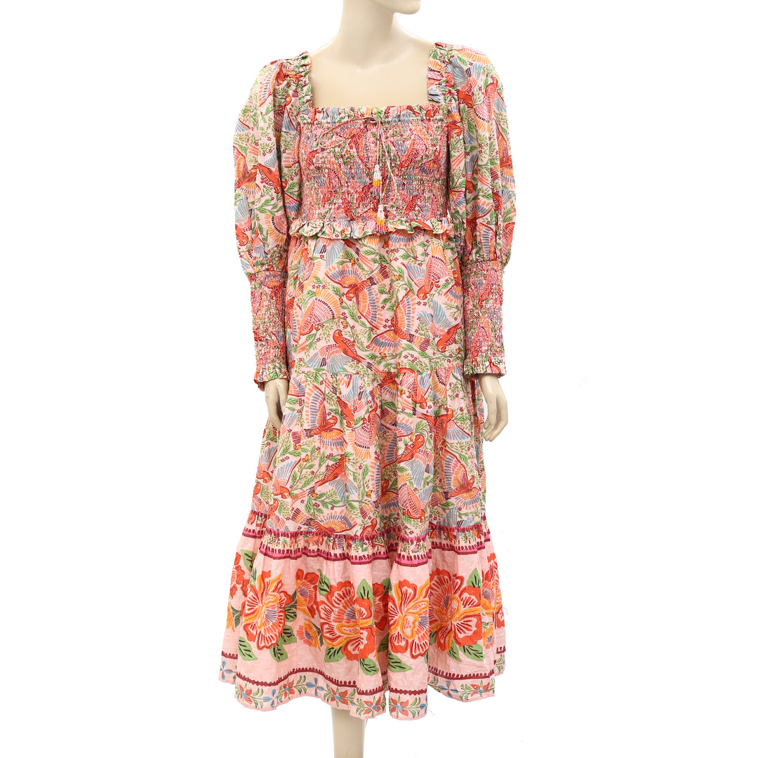 Farm Rio Anthropologie Pink Macaw Flight Smocked Midi Dress