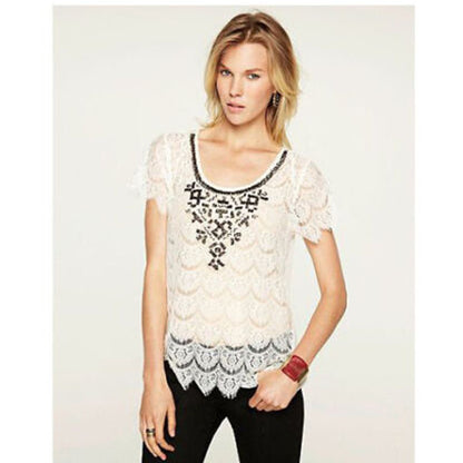 Lucky Brand Beaded Lace Blouse Top