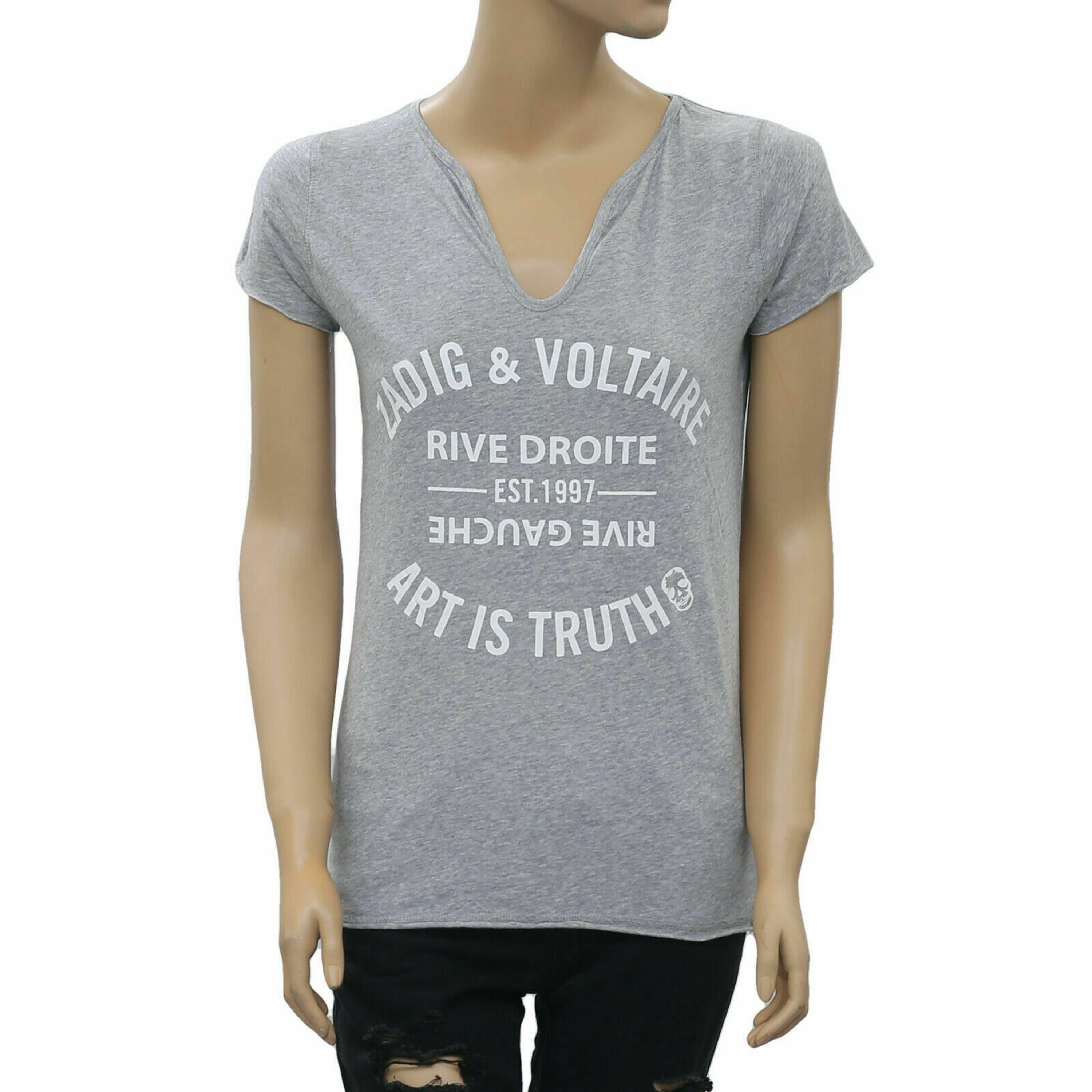 Zadig Voltaire Tunisien MC Blason Strass Gray T Shirt Top