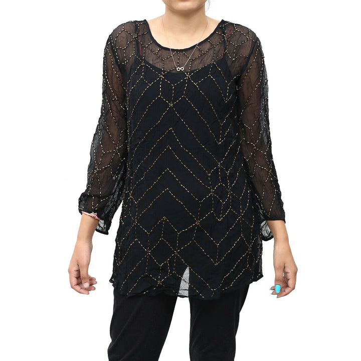 Free People Bead Embellished Black Tunic Top