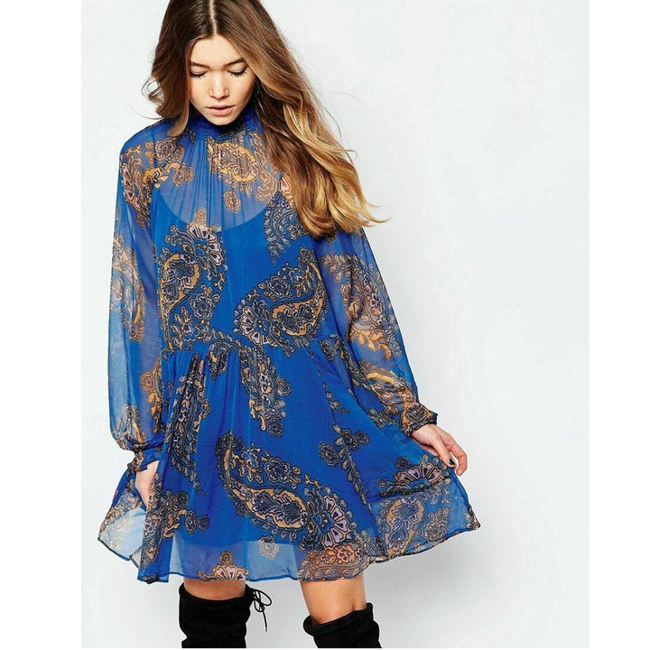 Free People Moonstruck Paisley Sheer Blue Mini Dress