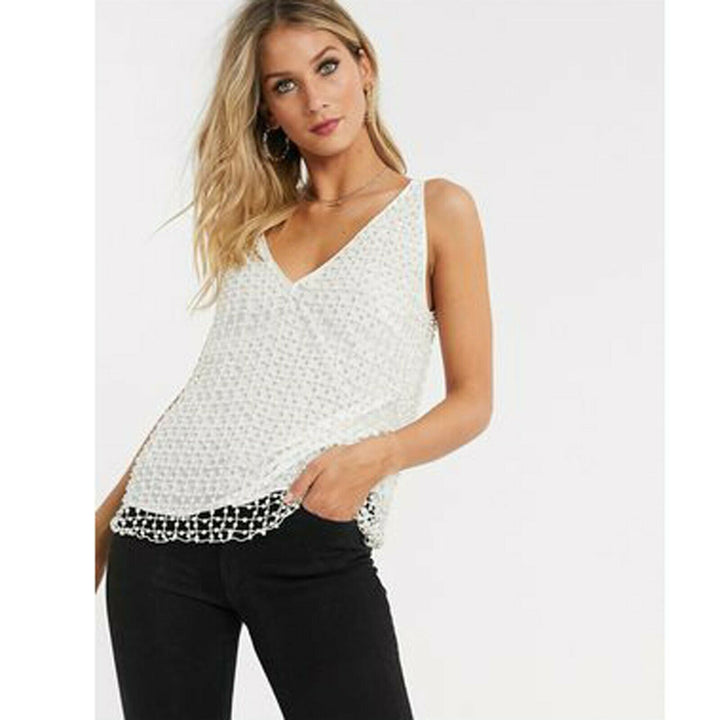 Asos Design Pearl Beaded Embellished Tank V Neck Blouse Top