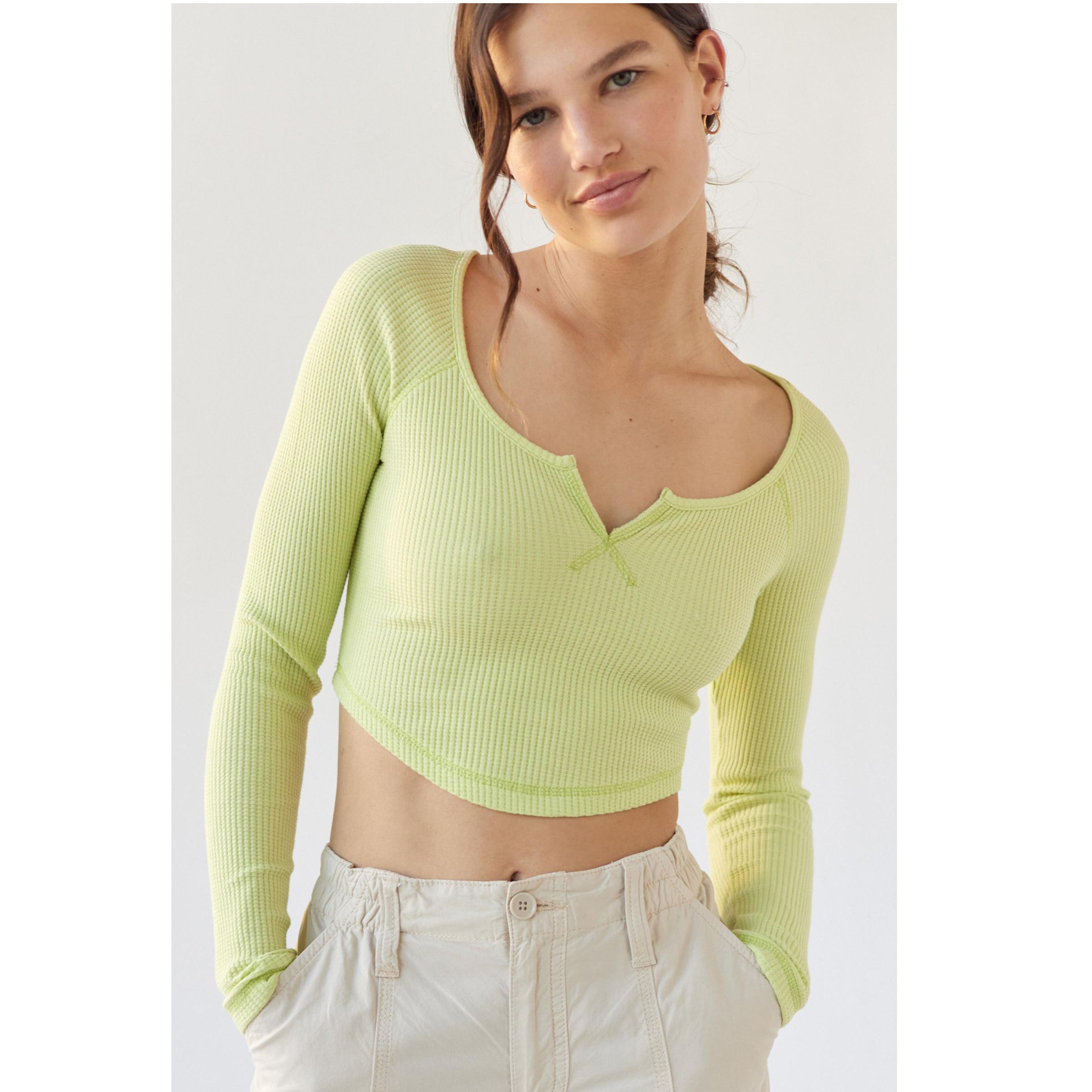 BDG Urban Outfitters Theo Notch Neck Long Sleeve Tee Cropped Top