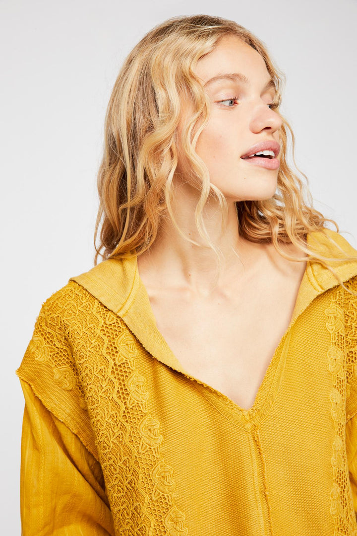 New Free People Lacey Pullover Crochet Lace Yellow Hoodie Crop Top S