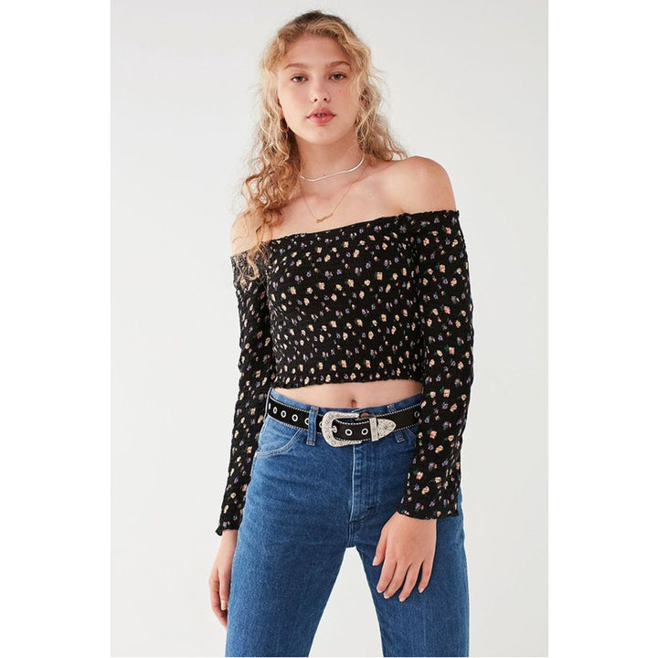 Pins & Needles Urban Outfitters Smocked Long Sleeve Bardot Cropped Top