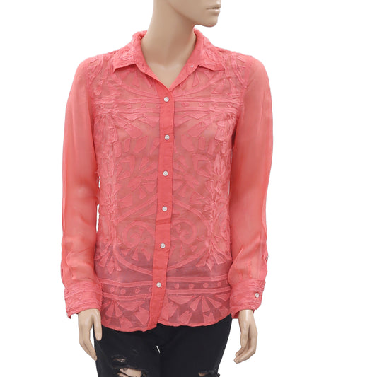 Lucky Brand Mesh Embroidered Shirt Blouse Top