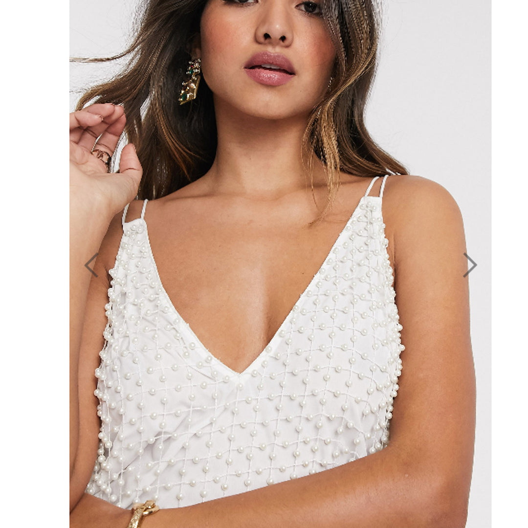 Asos Design Pearl Beaded Embellished Tank V Neck Blouse Top