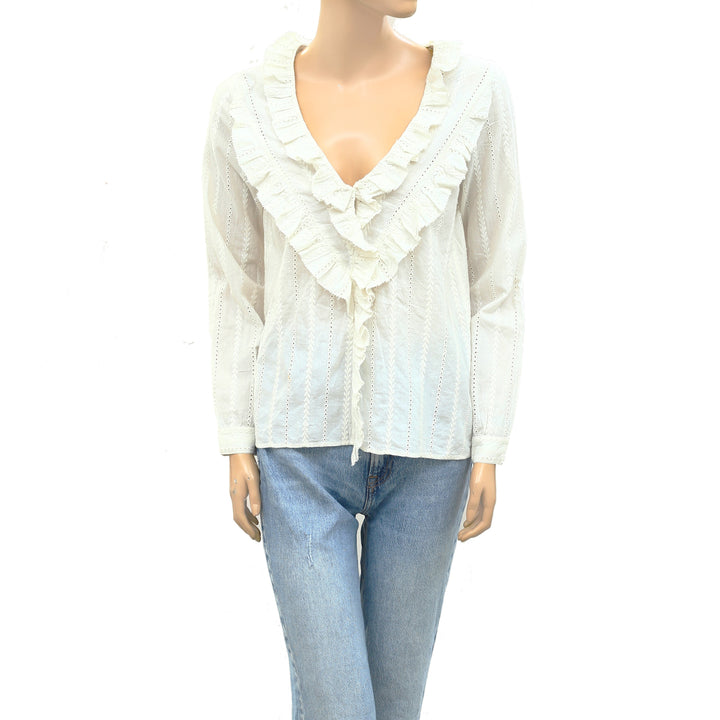 Sezane Eyelet Embroidered Ruffle Blouse Top S