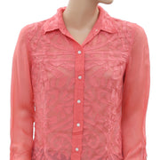 Lucky Brand Mesh Embroidered Shirt Blouse Top