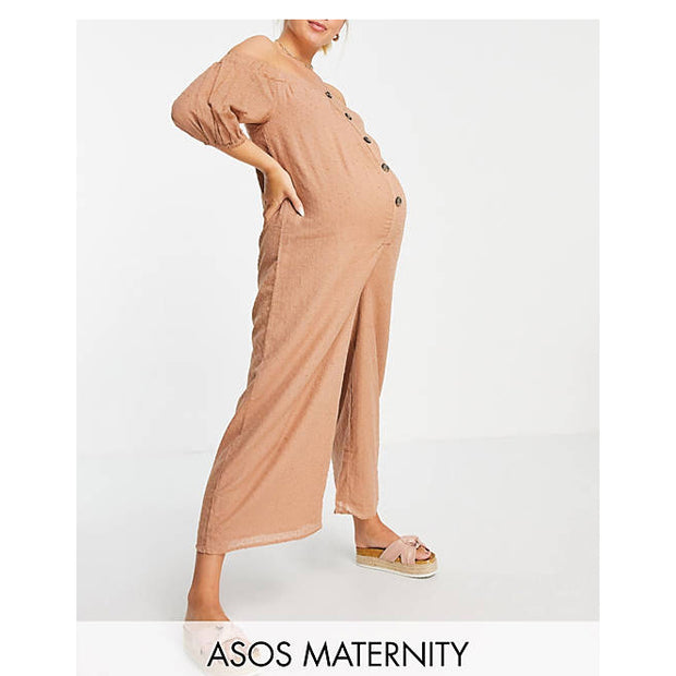 ASOS DESIGN Maternity Off Shoulder Button Front Textured Jumpsuit